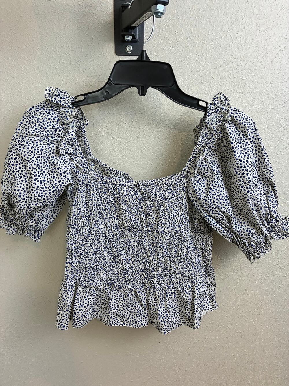 TOPSHOP Blouse Women 6 Blue Floral Bohemian Smocked Cropped Ruffle Puffy Sleeve